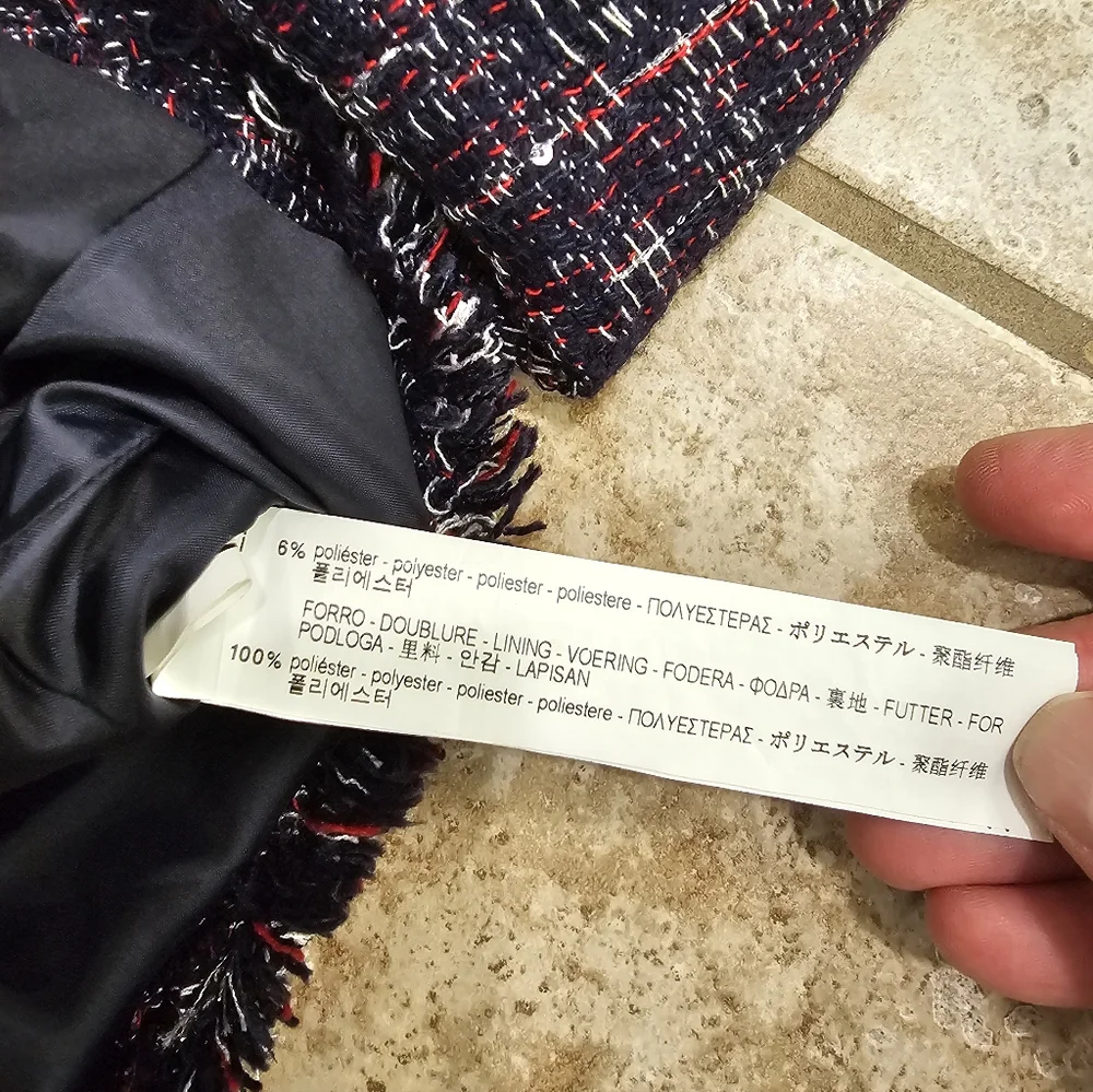 Zara Basic Navy Tweed Moto Jacket M Chanel-Inspired Raw Fringe Investment Piece - Picture 6 of 8